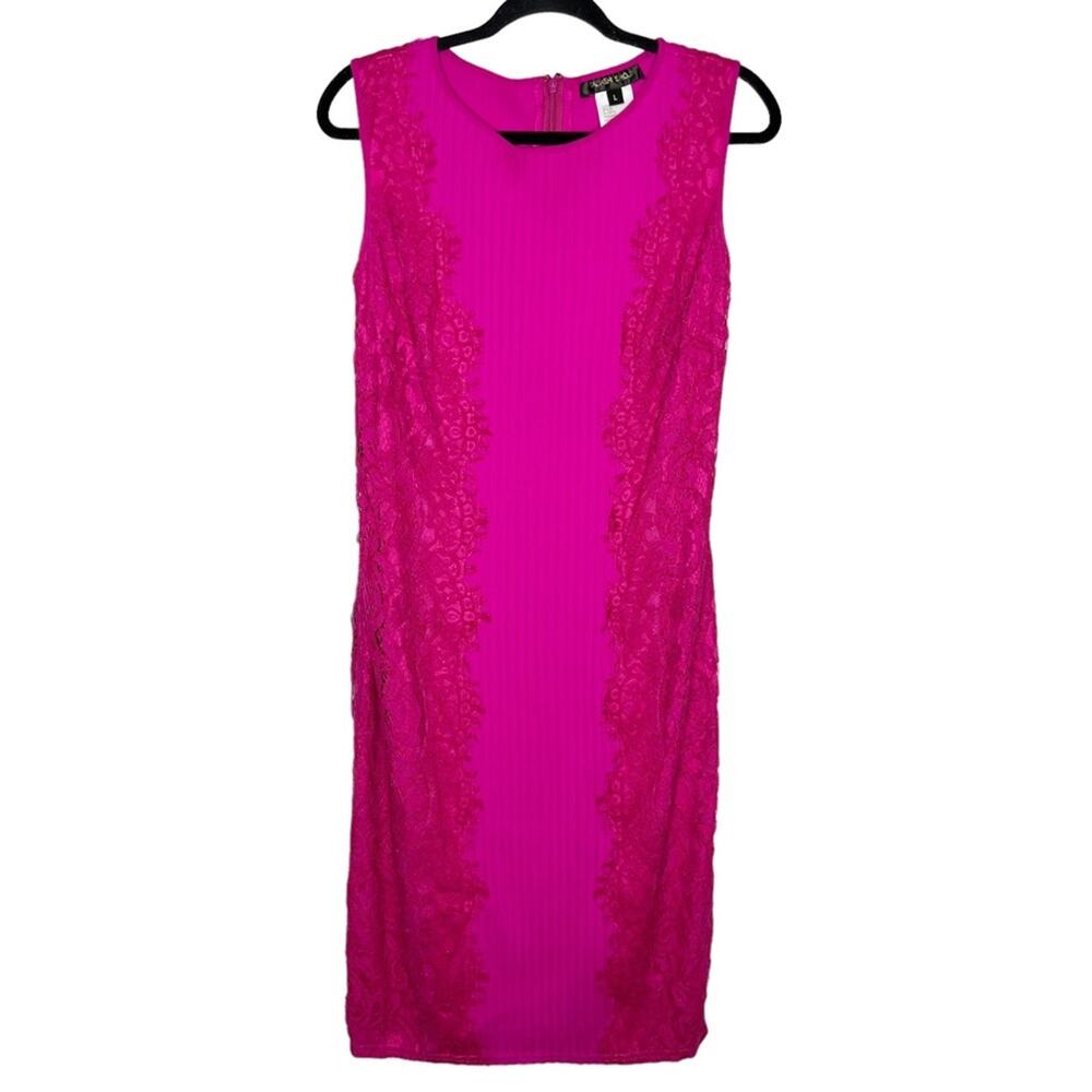 TADASHI SHOJI / bright pink lace block paneled pintuck cocktail dress / L